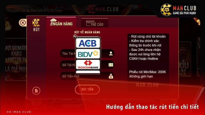 Quy trình rút tiền Manclub được tối giản hóa giúp người chơi thao tác nhanh chóng